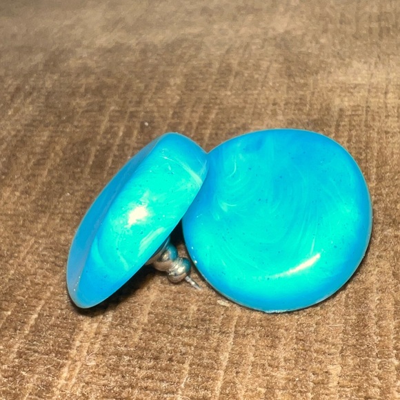 Vintage Teal Blue Round Stud Earrings - Picture 6 of 8